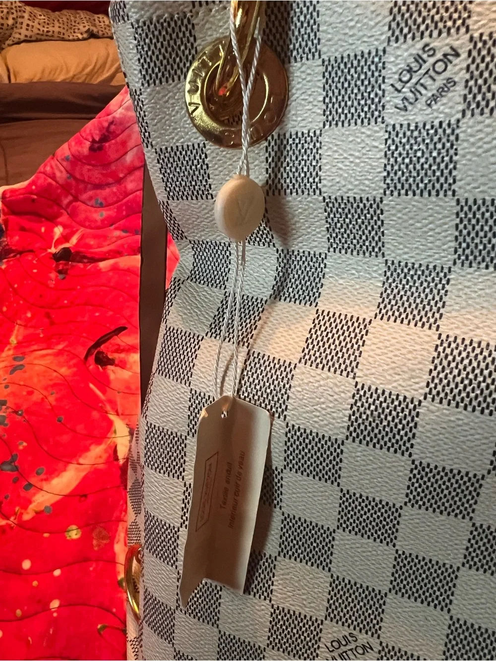 Checkered crème and grey bag with pouch